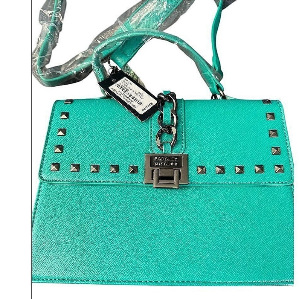 NWT Badgley Mischka Crossbody Bag Women‎ Small Green Studded Chain Lock Satchel